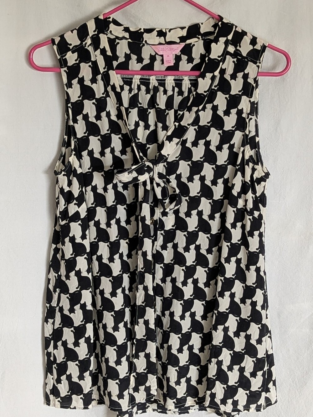 Lilly Pulitzer Fancy Fest Cat Print Silk Tie Neck Top Medium